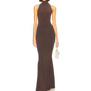 Norma Kamali Halter Turtle Fishtail Gown Maxi Dress Jersey Chocolate Size M/38